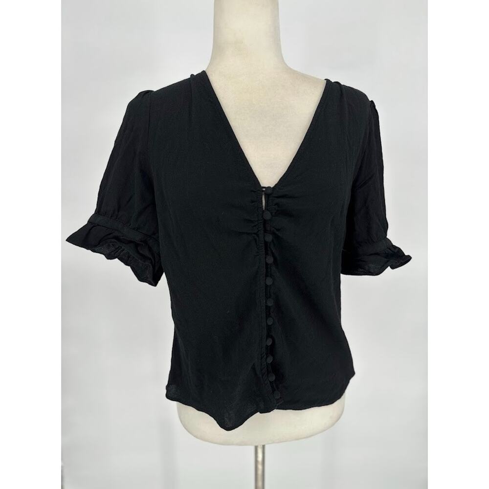 Madewell Top 10 Black Button Short Sleeve Ruffle Neutral Basic Whimsigoth